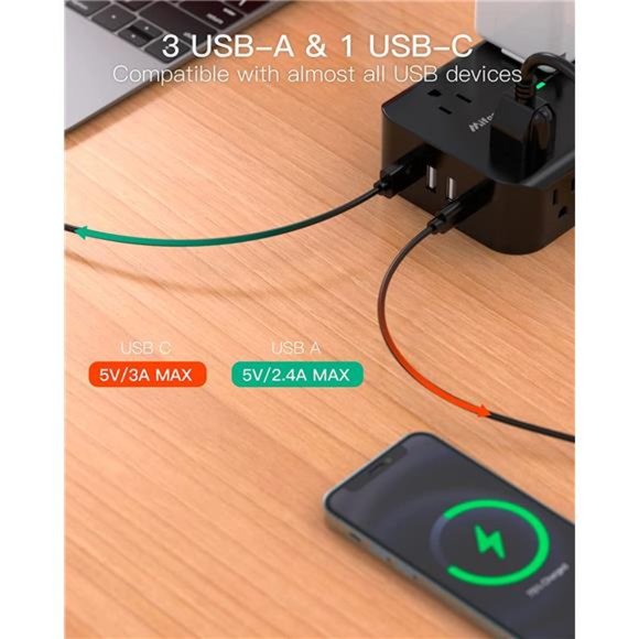 Power Strip Surge Protector - Flat Plug 8 Wide Outlets with 4 USB Ports, 5FT - Picture 2 of 7